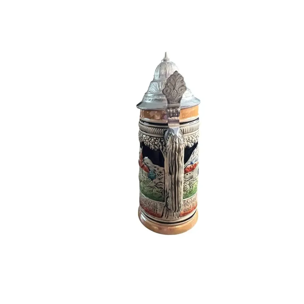 Vintage W Germany Lidded Beer Stein Ceramic Relief Alpine Village Scene Hunter - Picture 7 of 9